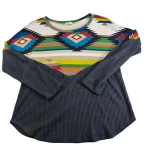Viamor Aztec Print Waffle Knit Top Boho Western‎ Long Sleeve Fall Shirt